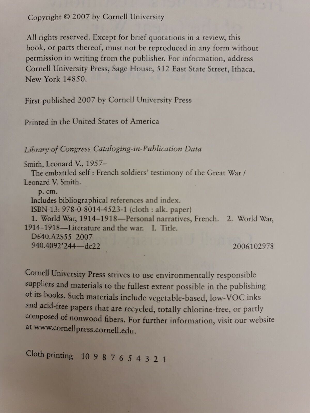 SIGNED The Embattled Self: French Soldiers... by Leonard V Smith (2007)