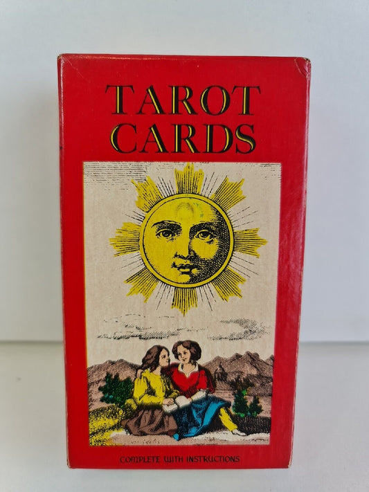 Front of Tarot Card Box shows vintage card design with sun and two people embracing