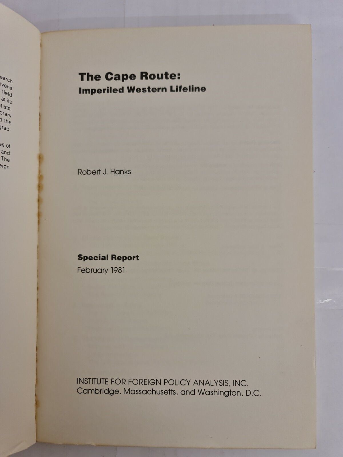 The Cape Route: Imperiled Western Lifeline by Robert Hanks (1981)