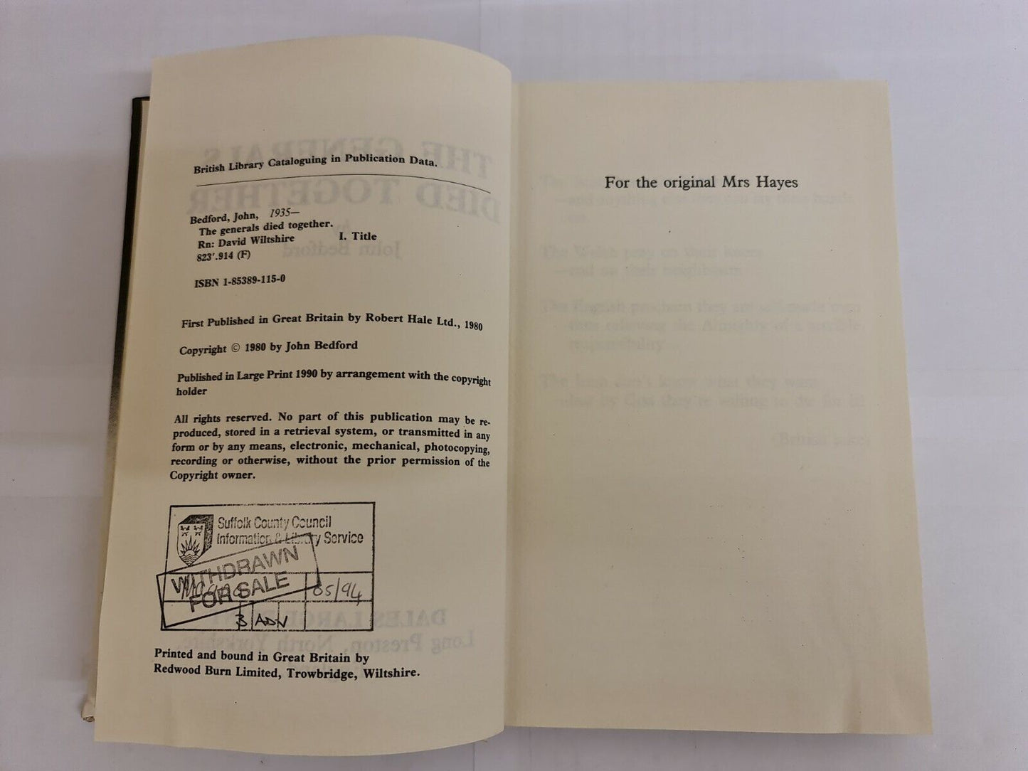 The Generals Died Together by John Bedford (1990) LARGE PRINT