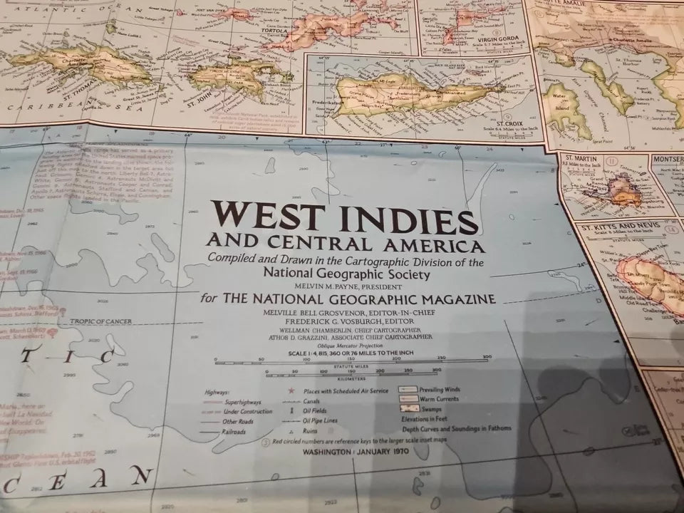 Vintage National Geographic Map - West Indies and Central America (1970)
