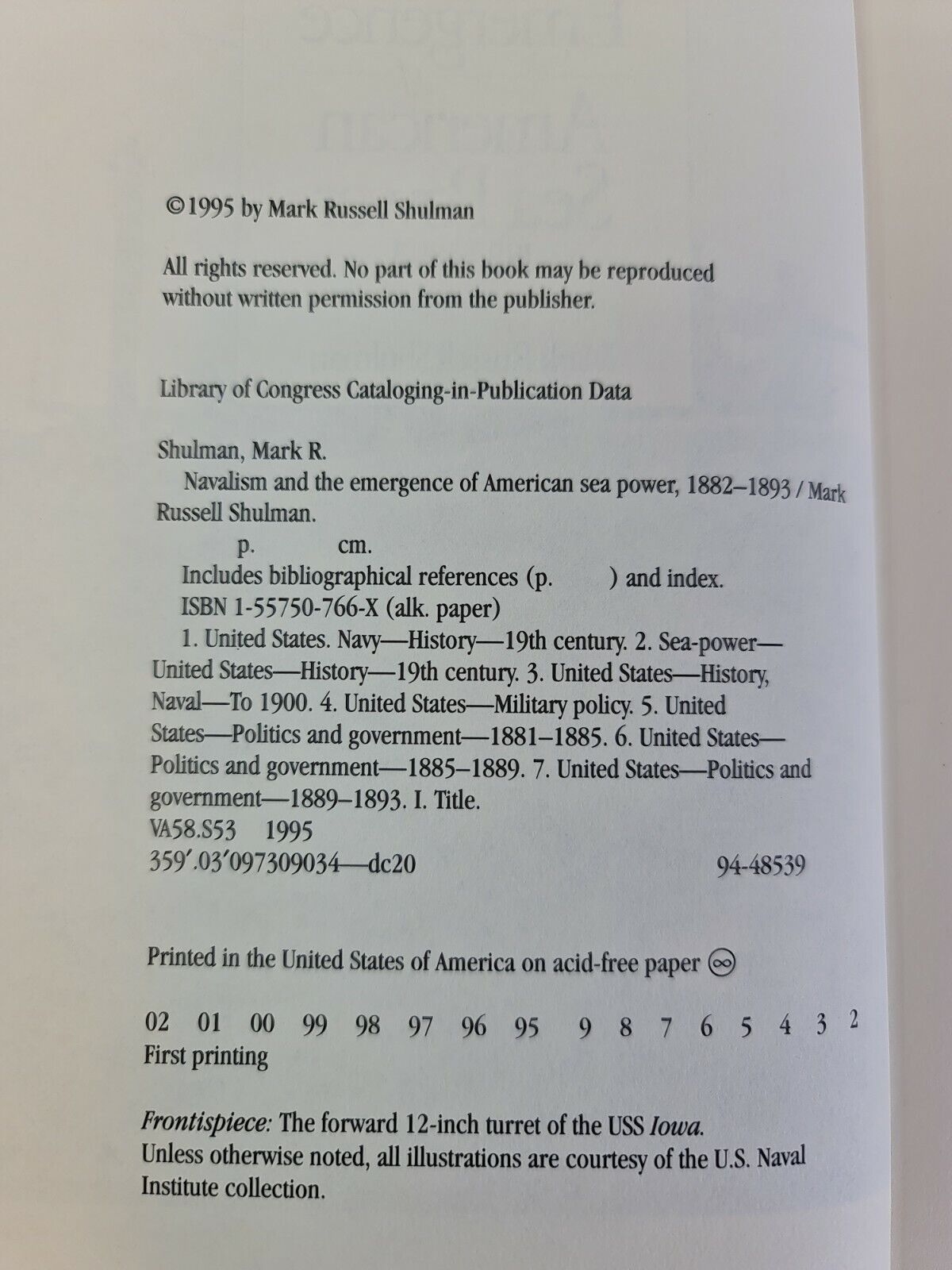 SIGNED Navalism & the Emergence of American Sea Power 1882-93 by Mark Shulman