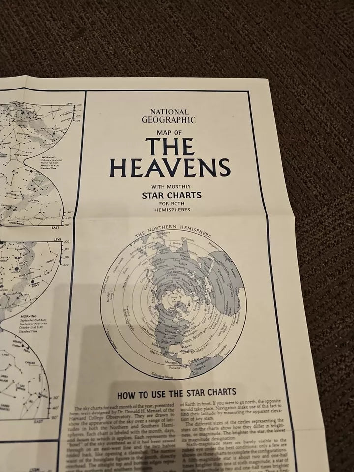 National Geographic Map of The Heavens -Monthly Star Chart Both Hemispheres (1970)