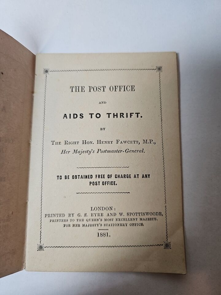 The Post Office and Aids to Thrift by H Fawcett - 16 page Pamphlet (1881)